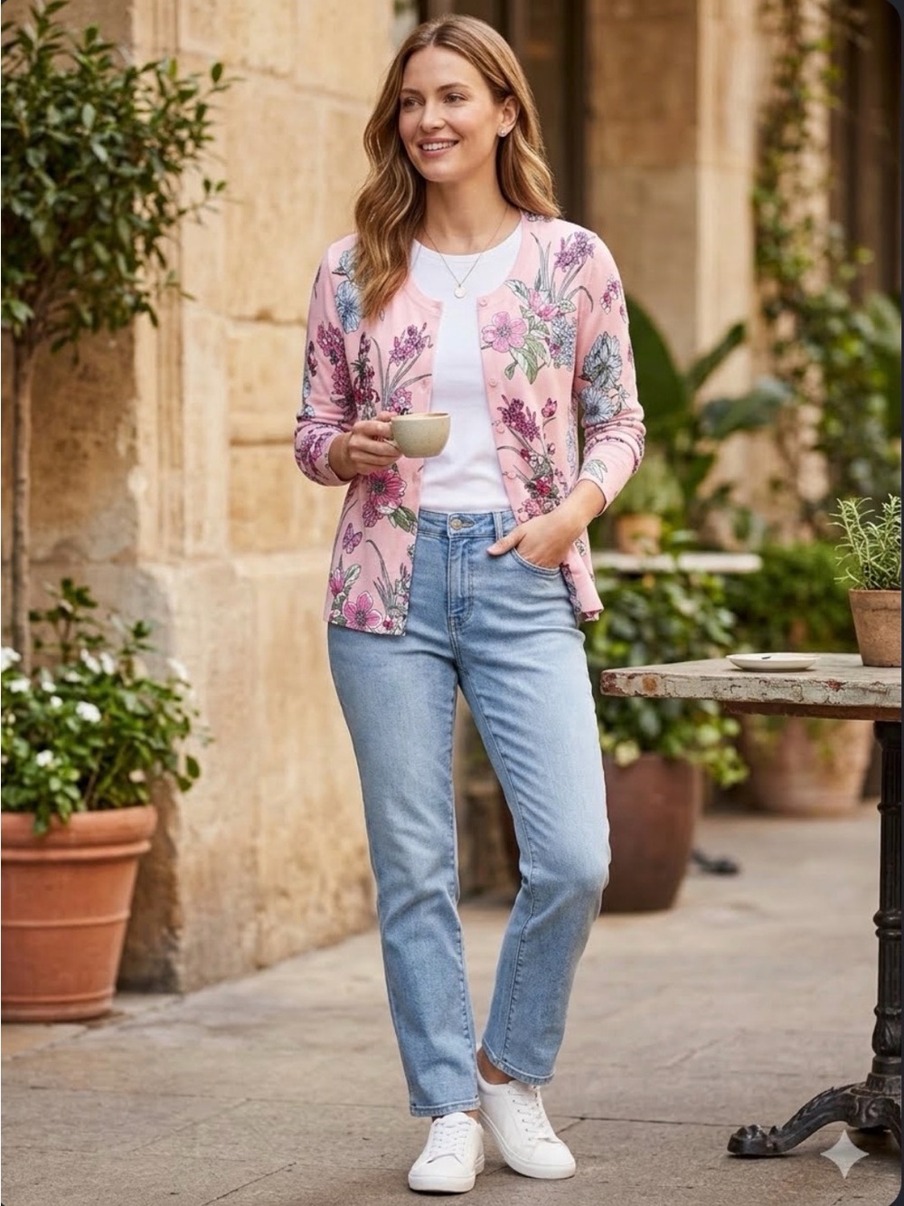 Charter Club Pink Floral Button-Front Cardigan E0849